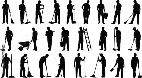 Cleaning worker silhouettes collection, janitor and housekeeping staff set, men using broom mop bucket tools, sanitation service, maintenance labor vector illustration