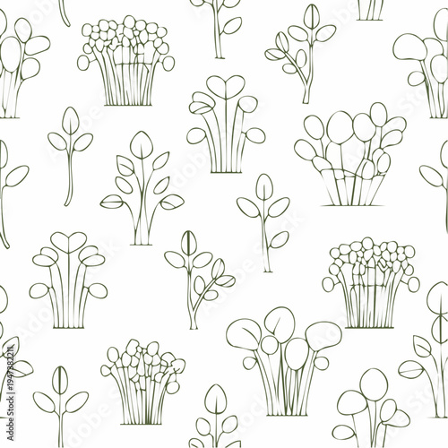 Microgreens pattern, sprouts, pea shoots, radish greens, minimal thin-line vector