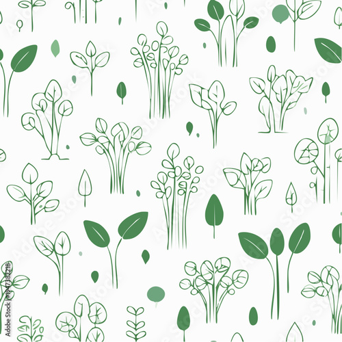 Microgreens pattern, sprouts, pea shoots, radish greens, minimal thin-line vector