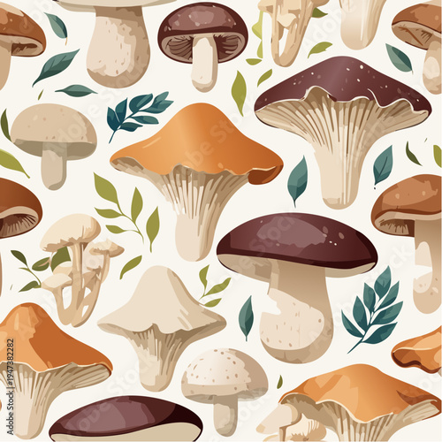 Mushroom variety pattern, shiitake, oyster, button mushroom, vintage botanical style.
