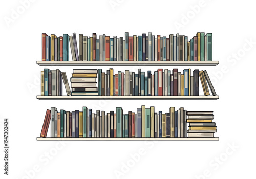 Modern horizontal bookshelves with rows of books blue and beige png on transparent background