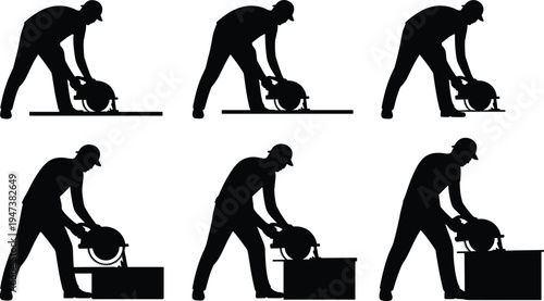 Construction worker operating circular saw silhouettes set, builder cutting material with electric power tool, carpentry and woodworking activity vector illustration isolated