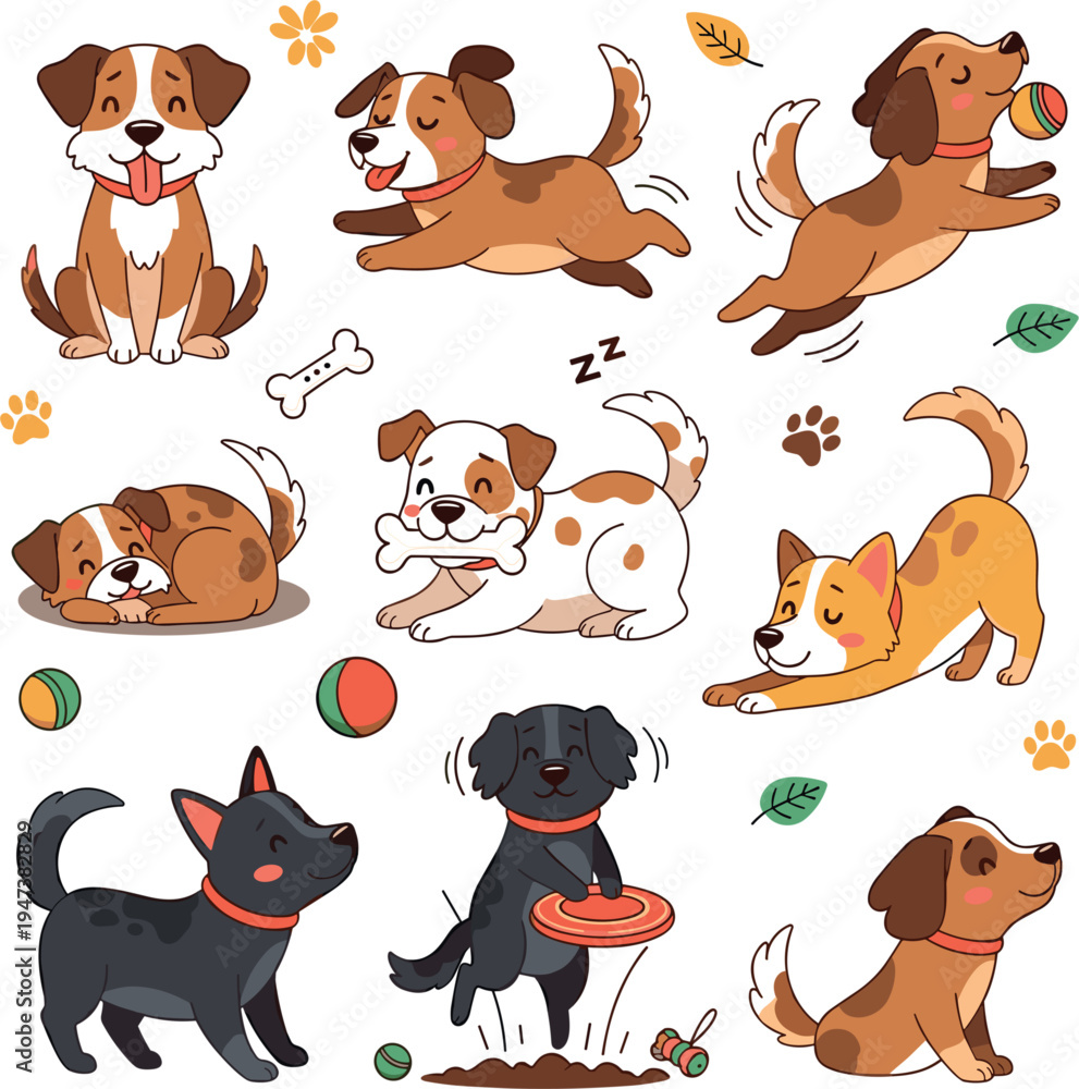 Obraz premium Cute Cartoon Dogs Playing Set Vector Illustration Collection with Different Puppy Activities Running Sleeping Jumping Fetching Frisbee and Ball