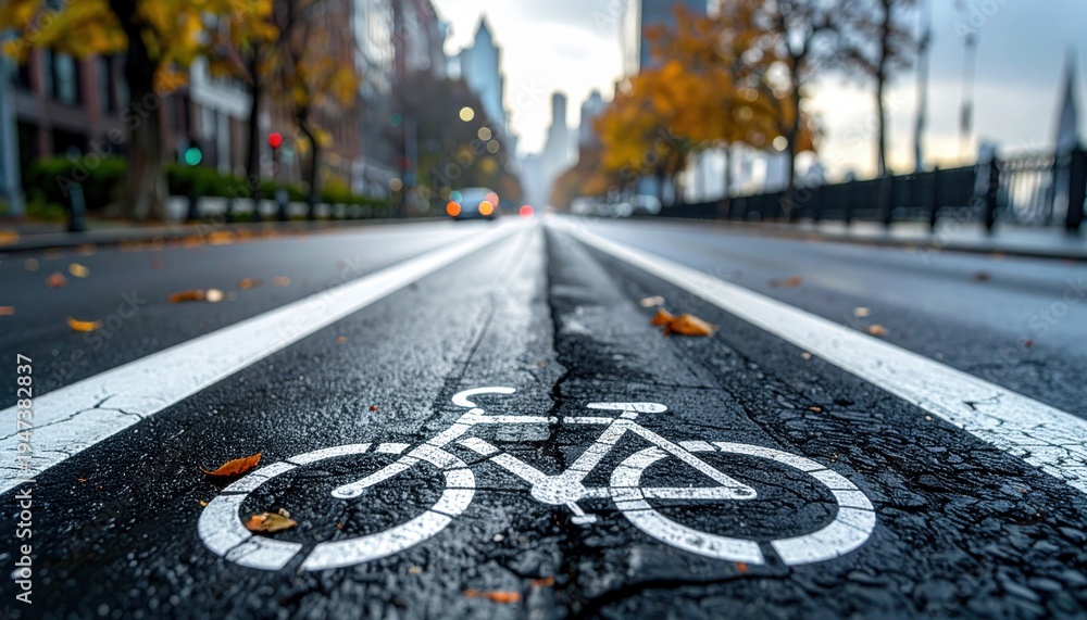 Obraz premium White Bicycle Symbol Painted on Textured Black Asphalt City Street Lane for Cycling Commute