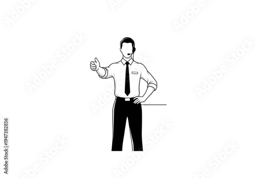 Line art illustration of male customer service representative with headset and thumbs up png on transparent background