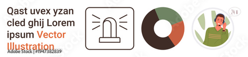 Emergency response, data analytics, business strategy, remote communication, technology integration, crisis management. A siren, pie chart and person on a call. Emergency response and data analytics