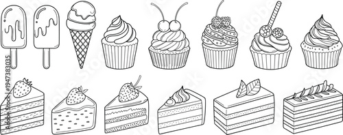 Hand drawn vector line art collection of delicious sweet desserts including cupcakes with berries, sliced cakes, ice cream cones, and popsicles for coloring book