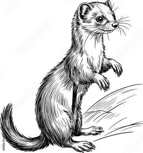 Obraz na plátně Hand Drawn Vintage Engraving of a Stoat or Weasel Standing Alert on White Backgr