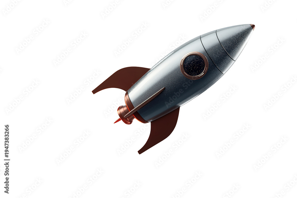 Fototapeta premium Retro rocket flying into space, exploring new worlds, achieving breakthrough future technology and innovation