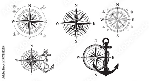 Vintage Nautical Compass and Anchor Set: Maritime Navigation Emblems and Retro Marine Icons