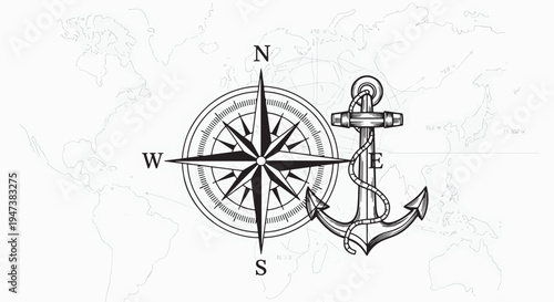 Vintage Compass Rose And Anchor Nautical Illustration Symbolizing Navigation Maritime Travel And Seafaring Adventure