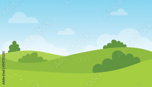 Cartoon Landscape Illustration of Green Rolling Hills and Blue Sky