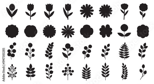 Floral Silhouette Icon Set - Simple Black Flower and Leaf Botanical Clipart for Design