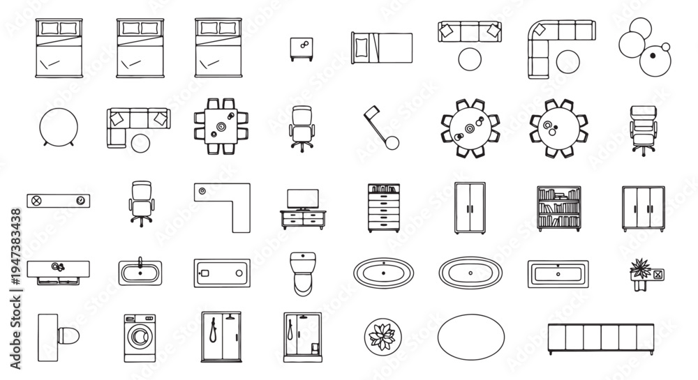 Obraz premium Furniture Floor Plan Outline Icons Set, Beds Sofas Tables Bathroom Fixtures Top View Vector Collection