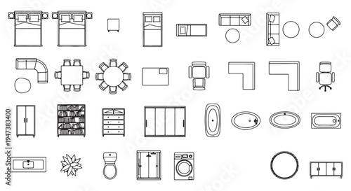Furniture Floor Plan Outline Icons Set, Beds Sofas Tables Bathroom Fixtures Top View Vector Collection