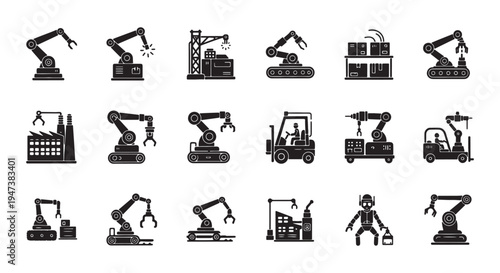 Industrial Automation Icons Set Featuring Robotic Arms, Factory Equipment and Manufacturing Symbols