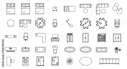 Furniture Floor Plan Outline Icons Set, Beds Sofas Tables Bathroom Fixtures Top View Vector Collection