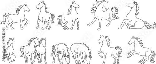 Large Collection of Hand Drawn Horse Line Art Illustrations Featuring Various Poses Like Galloping Grazing and Jumping for Equestrian Branding and Childrens Coloring Books