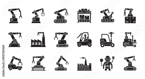 Industrial Automation Icons Set Featuring Robotic Arms, Factory Equipment and Manufacturing Symbols