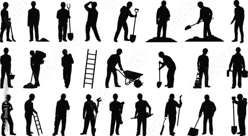 Construction worker silhouettes collection set, builders and industrial laborers working with shovel ladder wheelbarrow tools, manual labor team vector illustration isolated