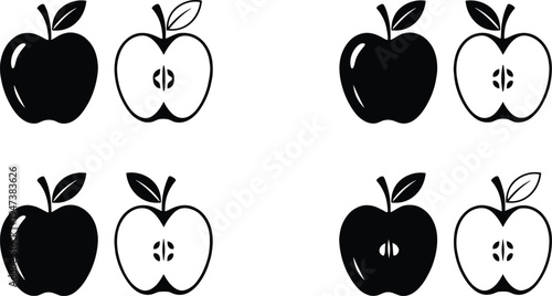 Minimalist black and white apple fruit icon set featuring whole apples and sliced halves with seeds, perfect for healthy organic food branding and silhouettes.