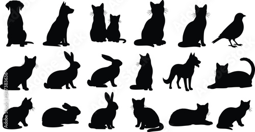 Collection of pet animal silhouettes including cats dogs rabbits and bird in different poses isolated vector set for pet design