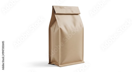 Unbranded kraft paper bag with folded top standing tall and empty on a clean white studio background ideal for packaging storage or food presentation mockups