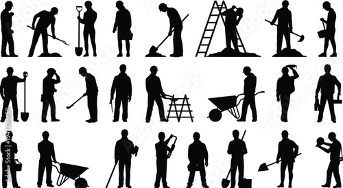 Construction worker silhouettes collection set, builders using shovel ladder wheelbarrow hammer and tools, industrial labor team working poses vector illustration isolated