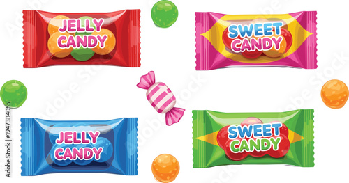 Colorful jelly and sweet candy packaging set with wrapped candies, glossy gummies and cartoon style confectionery collection isolated on white background illustration