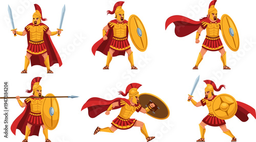 ancient greek warrior set, spartan soldier character poses, sword shield spear combat, heroic mythology fighter illustration collection