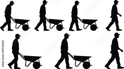 Construction worker pushing wheelbarrow silhouettes collection, builder laborer walking with construction tool, manual work vector illustration isolated on white