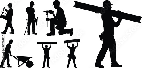 Construction worker silhouettes collection, builders carrying beams, using hammer and tools, pushing wheelbarrow, industrial labor activities set, construction industry vector illustration