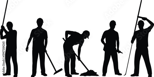 Construction worker silhouettes collection, builders digging and working with tools poses, industrial labor characters set, black vector illustration isolated on white