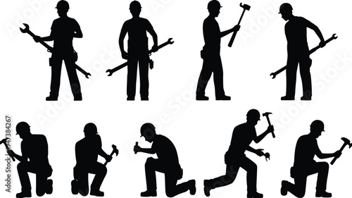 Construction worker silhouettes collection, builders holding hammer and wrench in standing and kneeling poses, industrial repair labor vector illustration set