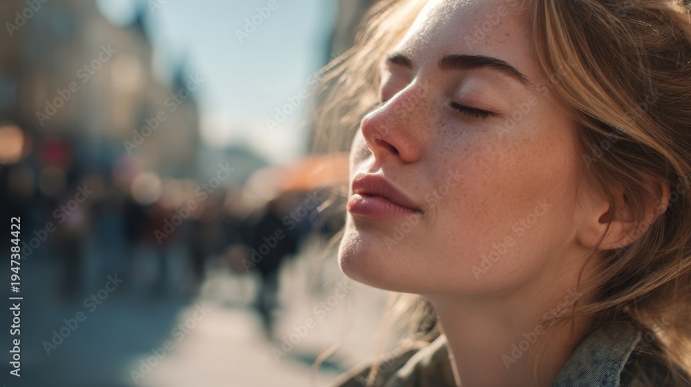 Fototapeta premium Close-up of a woman's face with her eyes closed and a calm expression on the street