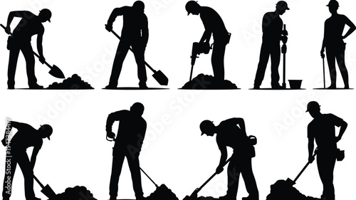 Construction worker silhouettes digging soil with shovel and drill, manual labor team performing excavation and groundwork activities at building site vector illustration
