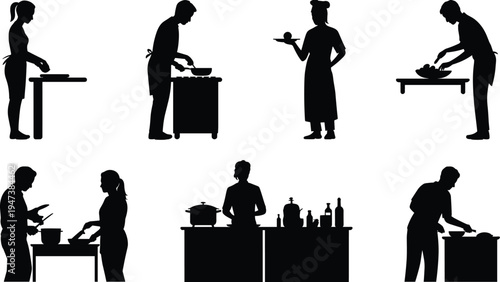 Cooking people silhouettes set showing chefs and home cooks preparing food, serving meals and kitchen activities isolated on white background
