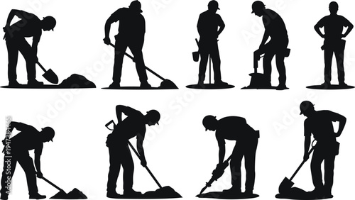 Construction worker silhouettes digging soil with shovel and tools, manual labor team performing excavation and groundwork at building site vector illustration