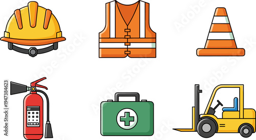 Construction safety equipment icon set, hard hat vest traffic cone fire extinguisher first aid forklift vector illustration collection