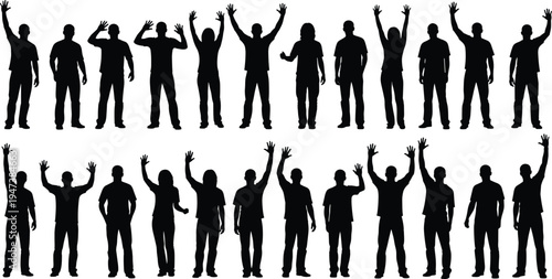 Crowd of people silhouettes raising hands diverse standing figures waving greeting isolated on white background human group participation concept illustration vector set