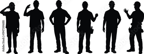 Construction worker silhouettes gestures set, builders wearing safety helmets waving saluting and standing poses, industrial labor team vector illustration isolated on white background