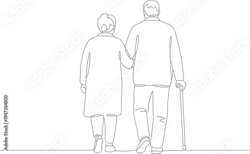 Line Art Elderly Couple Walking Together From Behind Illustration