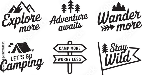 camping vector emblems minimal monochrome outdoor typography set