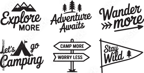 camping badge set with mountain tent pine tree signpost flag