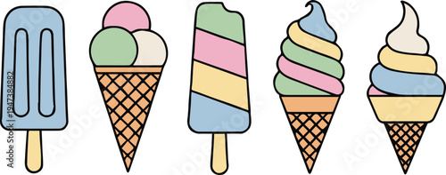 icecream popsicle cone softserve summer dessert vector patterns set