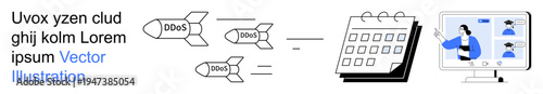 Cybersecurity, remote collaboration, data protection, online threats, digital attacks, IT management. DDoS missiles, calendar and video conferencing screen. Cybersecurity and online threats concept