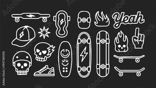 skateboard icons set outline vector skate culture symbols pack