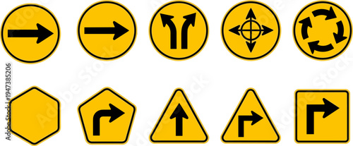 Directional arrow road sign icons set, navigation pointer symbols collection, yellow traffic direction indicators vector illustration