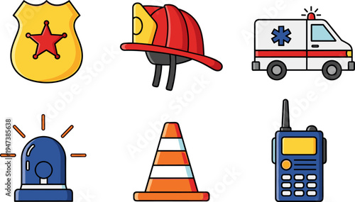 Emergency service icon set, police badge firefighter helmet ambulance siren traffic cone radio safety vector illustration collection
