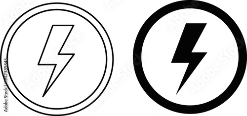 electric lightning bolt icon set in circle outline and solid style energy power electricity symbol minimal vector illustration
